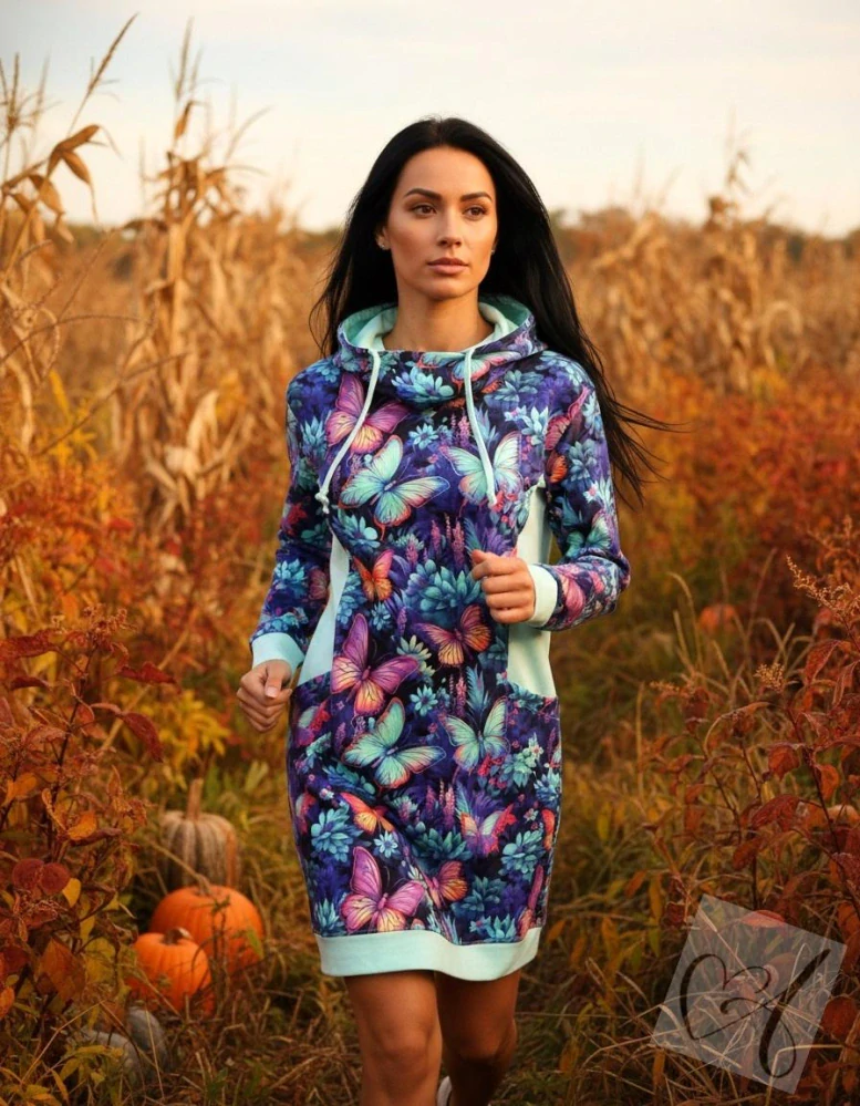 Dámské mikinošaty LILY s vysokou kapucí ve vel.46 Neon motýlkové