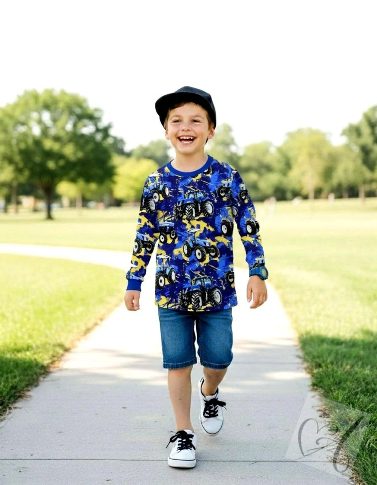 Dětské triko dlouhý rukáv Traktor na modrém