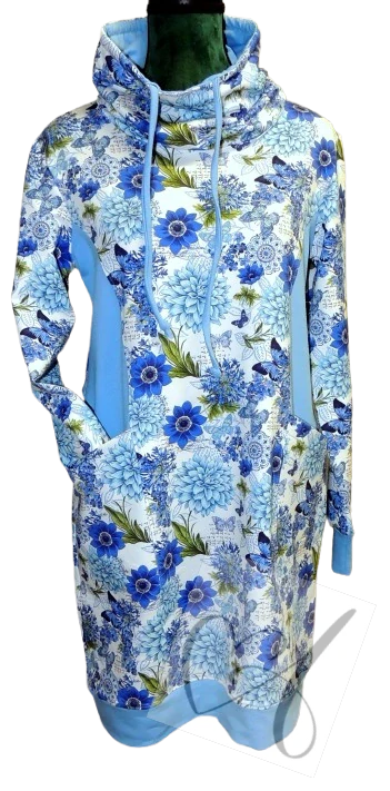 Dámské mikinošaty LILY s vysokým límcem ve vel.42 světle modré motýlkové