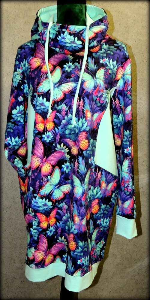 Dámské mikinošaty LILY s vysokou kapucí ve vel.46 Neon motýlkové